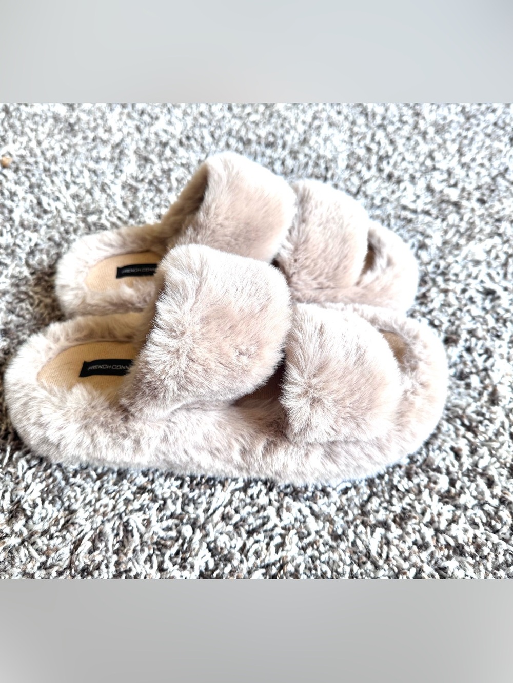 French Connection Slippers Open Toe Beige Faux Fur Size 8 9 NEW